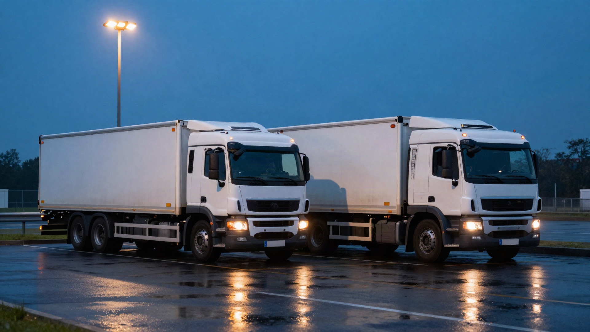 Trucks parked at a motorway service area at dusk