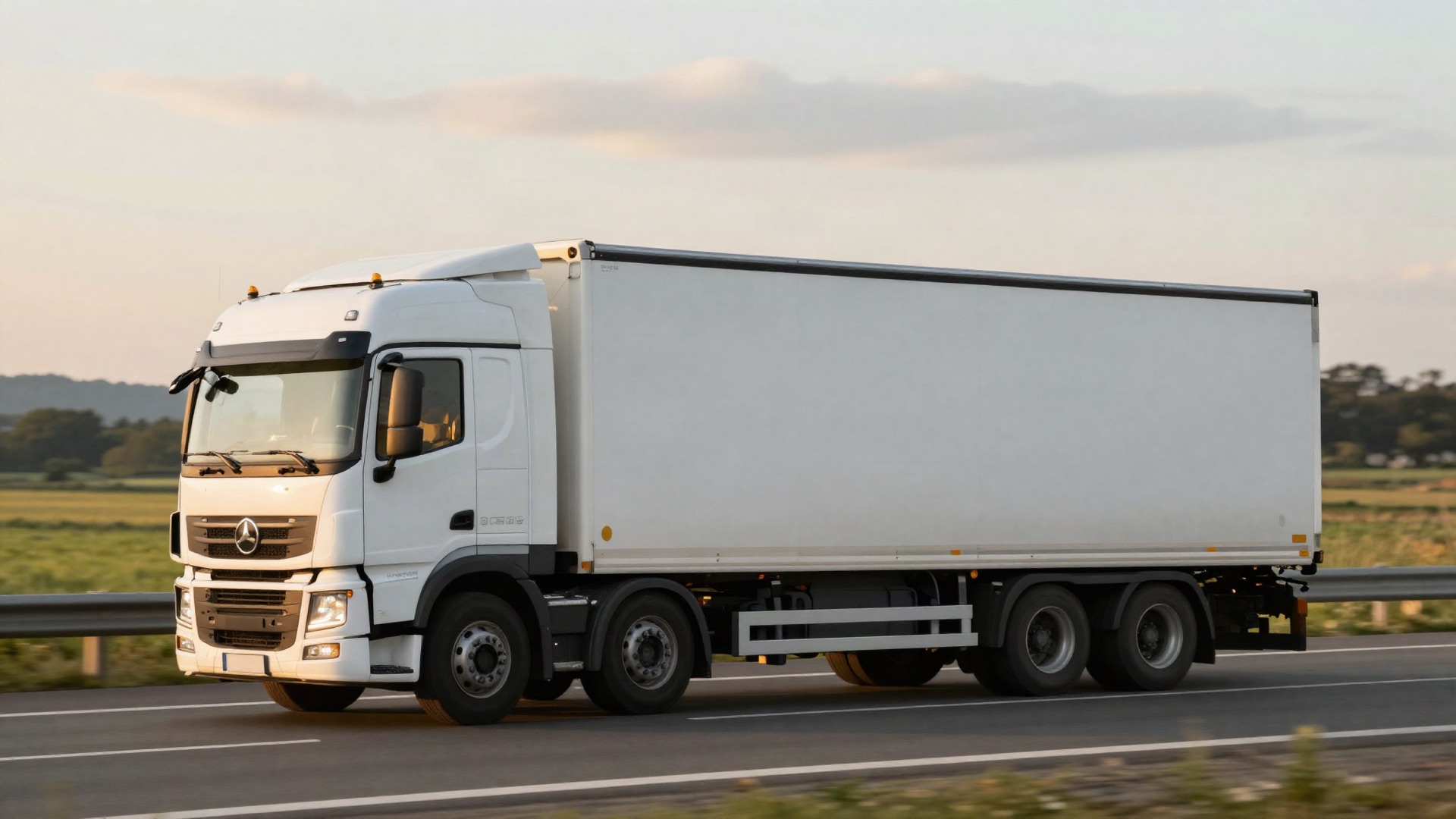 Curtainside truck on a European motorway at golden hour